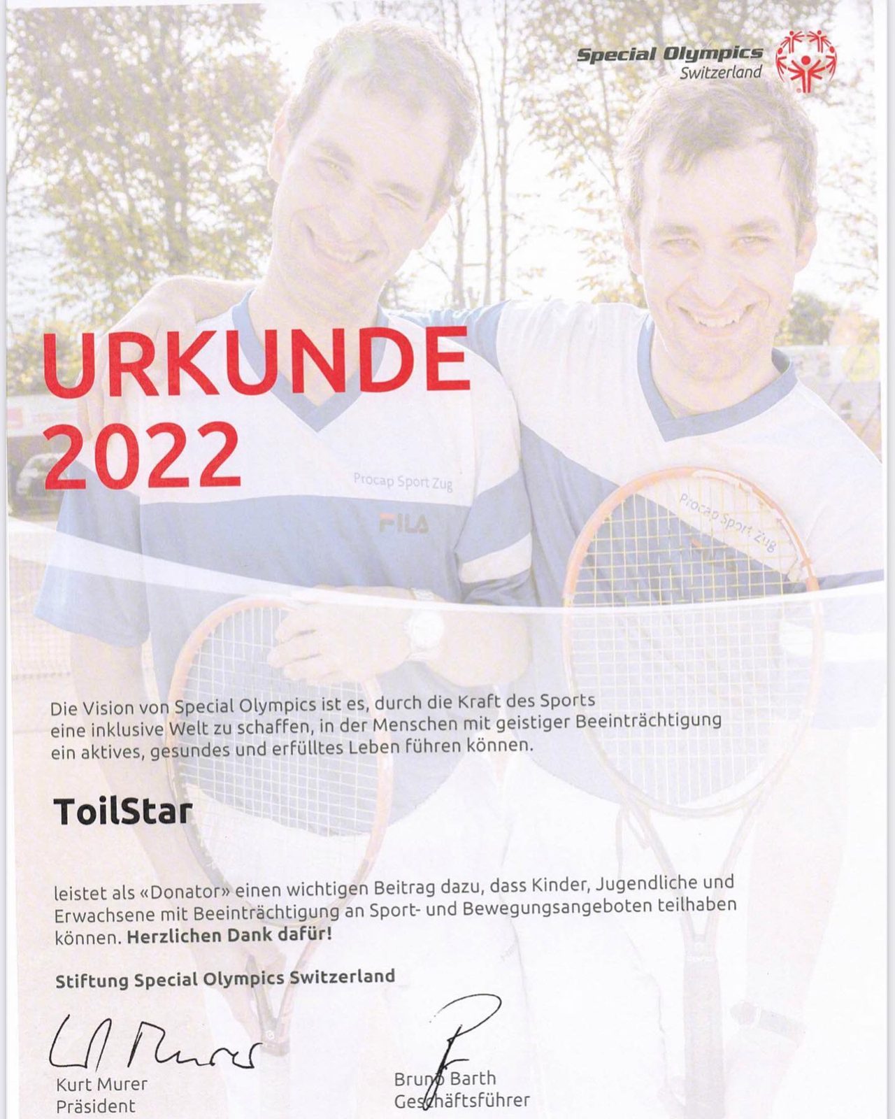 Urkunde 2022 der Stiftung Special Olympics Switzerland an ToilStar