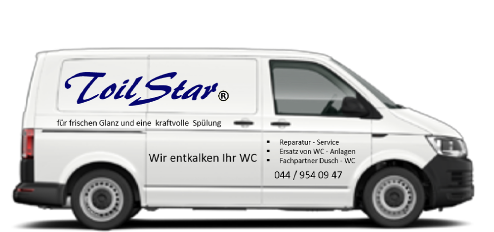 Weisser Servicewagen mit ToilStar-Beschriftung und der Telefonnummer 044 954 09 47