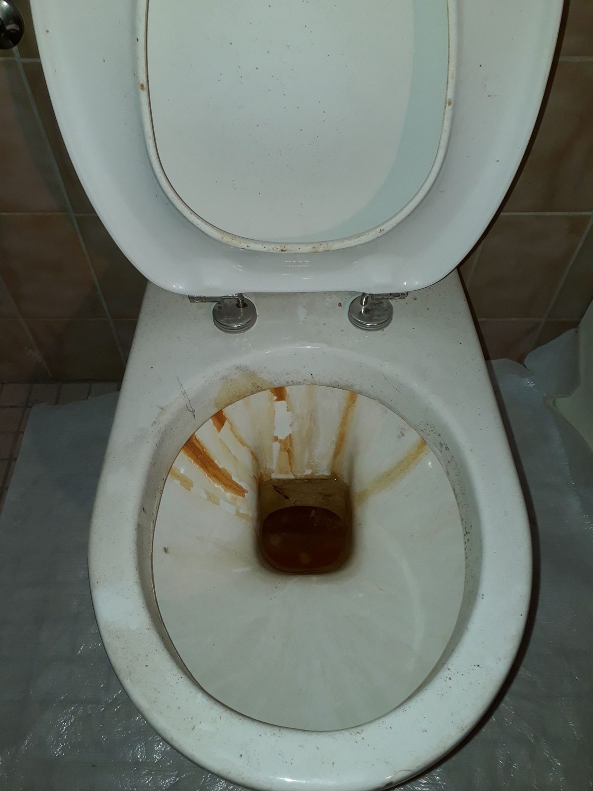 WC-Schüssel mit starken Kalkablagerungen und braunen Rändern vor der Reinigung